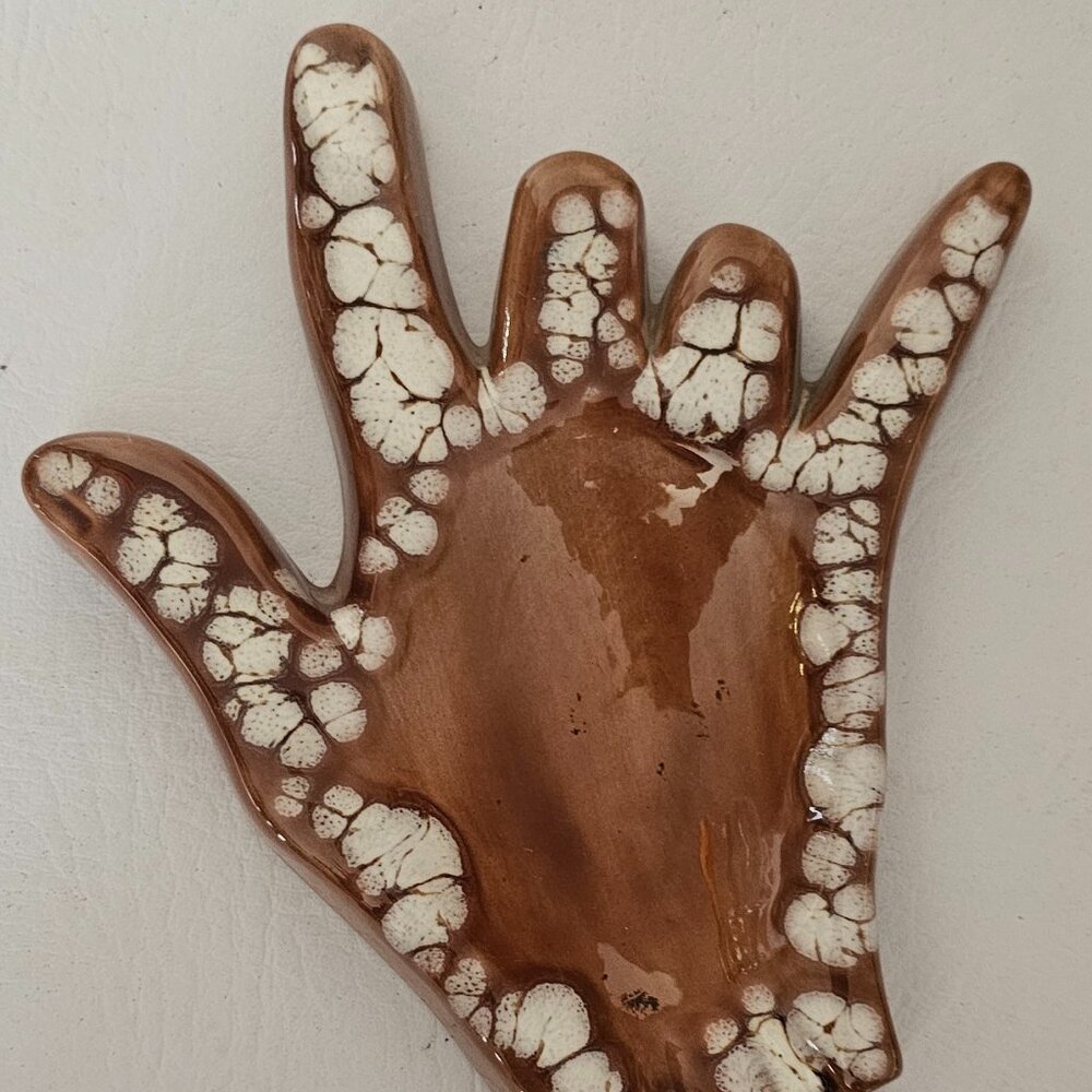 Ceramic Hand  I Love You Sign Language Tray Vintage Drip Glaze 1960s